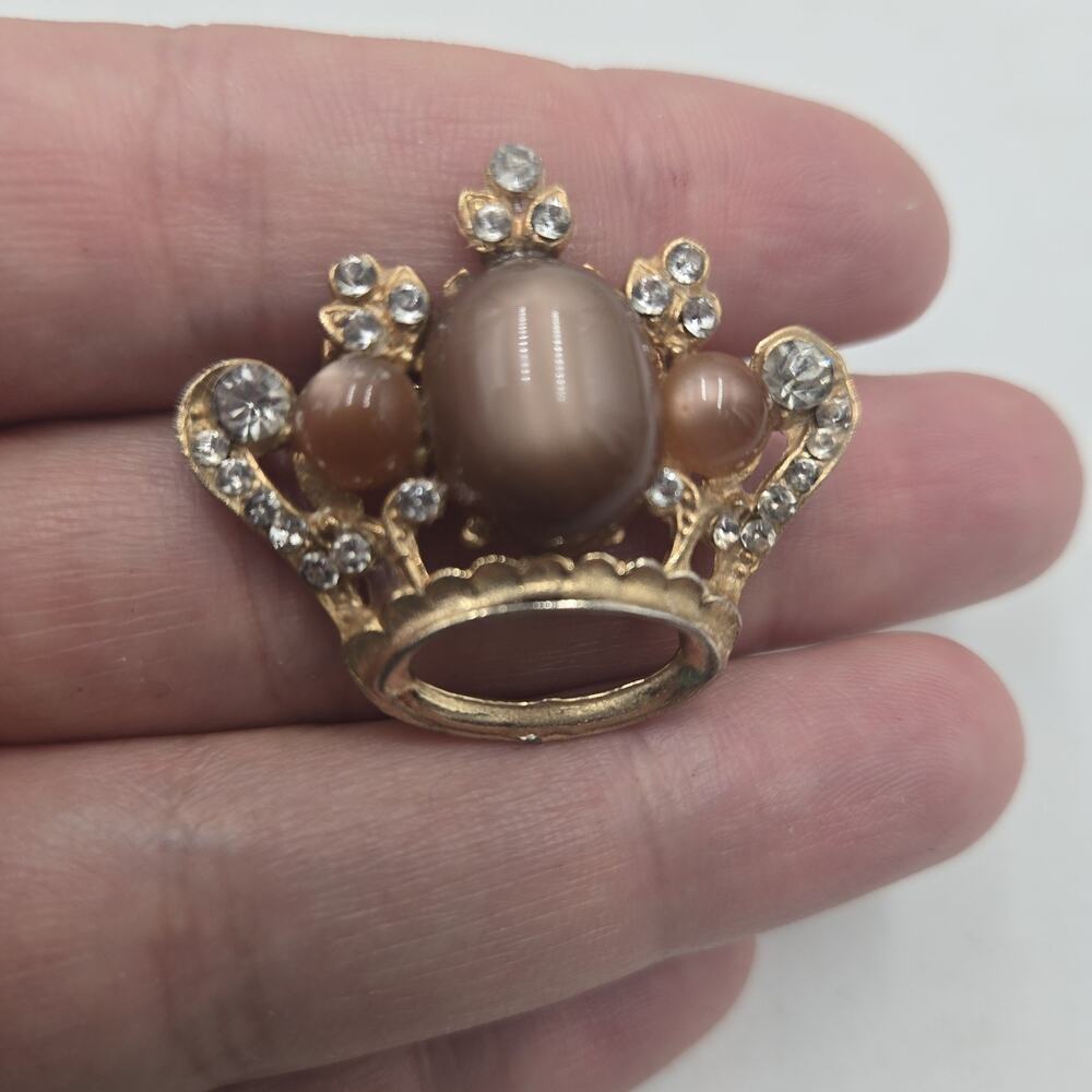 Vintage Coro Crown Brooch Pin Brown Moonglow & Rhinestone Gold Tone